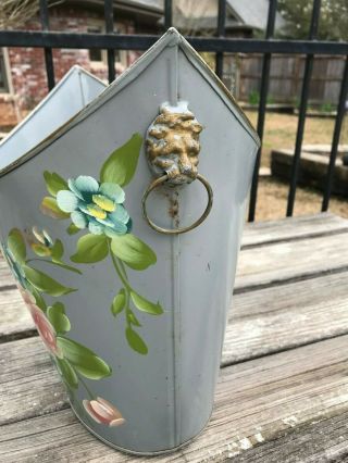 Vtg Painted Floral Tole Metal Trash Can Waste Basket LION HANDLES Antique Blue 8