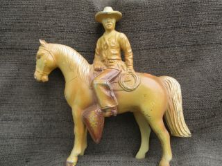 Old Vintage 1950s Western Cowboy On Horse Metal Toy Or Figurine