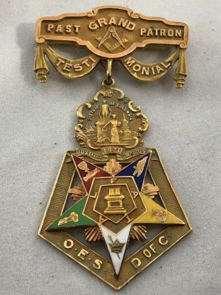 Antique Masonic 14K Past Grand Patron Testimonial Jewel 33.  1 grams with case. 7