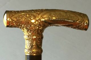 Antique 19thc Gold Handle Chased Cane/walking Stick /ebonized Shift