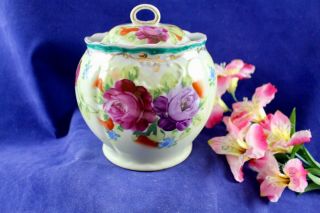 Antique Victorian Hand Painted Roses Porcelain Cracker Biscuit Covered Jar