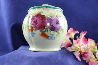 Antique Victorian Hand Painted Roses Porcelain Cracker Biscuit Covered Jar 2