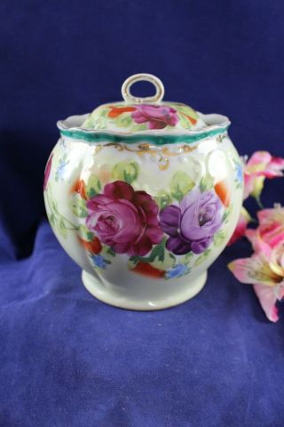 Antique Victorian Hand Painted Roses Porcelain Cracker Biscuit Covered Jar 3