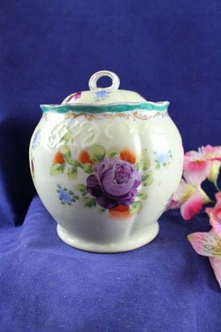Antique Victorian Hand Painted Roses Porcelain Cracker Biscuit Covered Jar 5