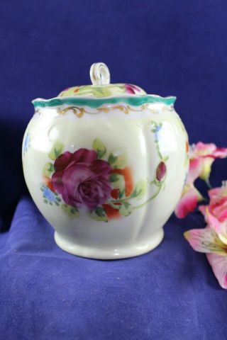Antique Victorian Hand Painted Roses Porcelain Cracker Biscuit Covered Jar 6