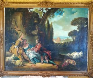 Antique Baroque Oil Painting On Canvas With Frame " Gallant Scene " 1700 Circa