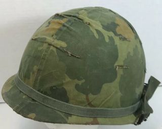 Vietnam War Us Army M1 Steel Helmet W/60s Liner,  60s Camo Cover & Elastic Band
