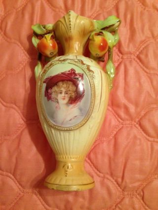 Antique European Hand Painted Porcelain Vase With Hanging Fruit