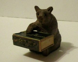Antique Black Forest Carved Wood Bear Match Box Holder W Glass Eyes - Vintage
