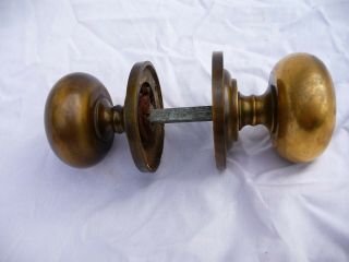 Late Vintage Pair Heavy Brass Door Handles And Plates Sprung Loaded