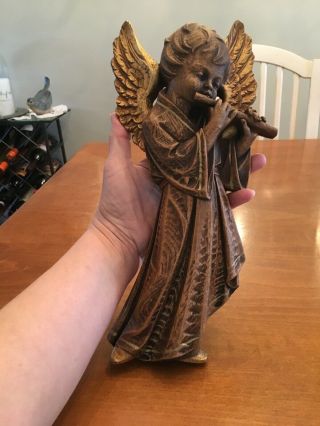 Antique Hand Carved Wooden Wood Angel Playing The Flute 13” 2
