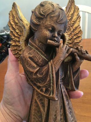 Antique Hand Carved Wooden Wood Angel Playing The Flute 13” 3