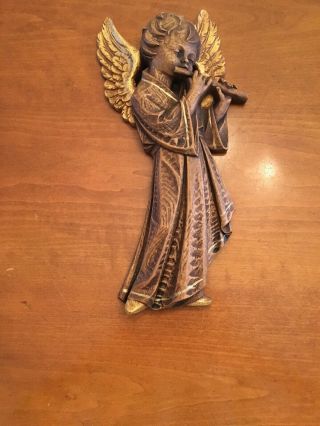 Antique Hand Carved Wooden Wood Angel Playing The Flute 13” 6