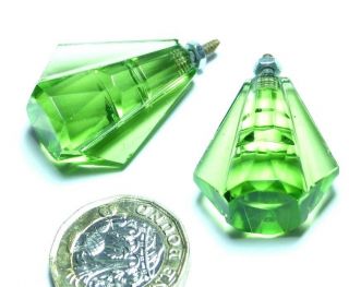 Pair Vintage Green Faceted/cut Glass Art Deco Chest Drawers/cupboard Small Knobs