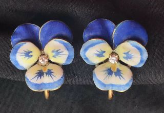 Early 14k Solid Gold Blue Pansy Enamel Diamond Flower Screwback Earrings 7 Grams