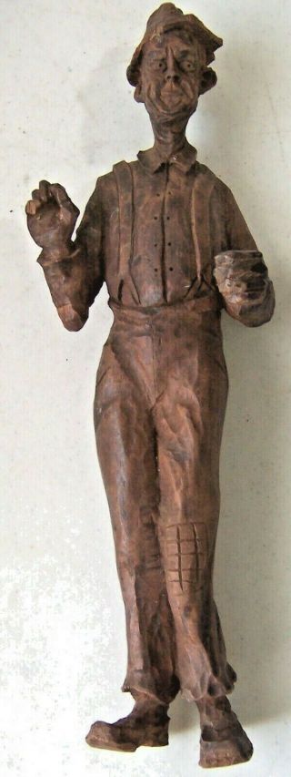 Vintage 12 " Folk Art Hand Carved Wooden Fisherman Man With Hat & Hound Dog