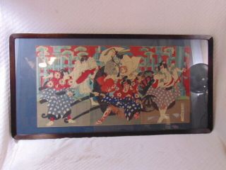 Large Vintage Antique Japanese Woodblock Print Of Samurai Warrior Fight Scene