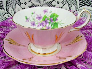 Queen Anne Wide Mouth Teacup Violets Pink & Gold Tea Cup And Saucer