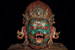 Chinese Tibetan Buddhism Old Copper Hand - Set Gemstones Buddha Statue Mask