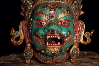 Chinese Tibetan Buddhism old copper hand - set gemstones Buddha statue mask 2
