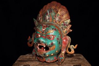 Chinese Tibetan Buddhism old copper hand - set gemstones Buddha statue mask 3