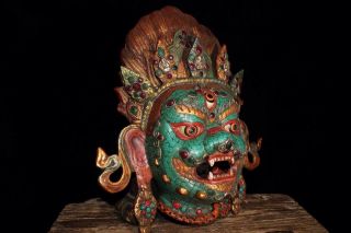 Chinese Tibetan Buddhism old copper hand - set gemstones Buddha statue mask 4