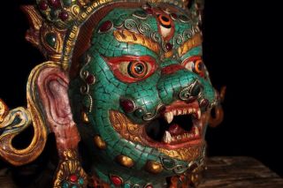 Chinese Tibetan Buddhism old copper hand - set gemstones Buddha statue mask 5