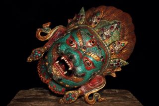 Chinese Tibetan Buddhism old copper hand - set gemstones Buddha statue mask 6