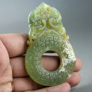 3.  2  China Old Green Jade Chinese Hand - Carved Dragon Jade Ring Pei Pendant 2139