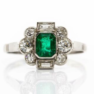 Art Deco Platinum Emeralds And Diamonds Ring
