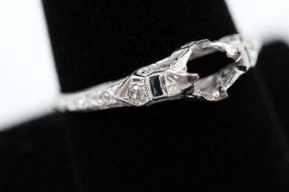 Art Deco 18k White Gold Diamond & Sapphire Filigree Engagement Mount For Diamond