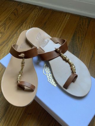 Ancient Greek Iris Sandals Tan W/gold Beads Sz 39