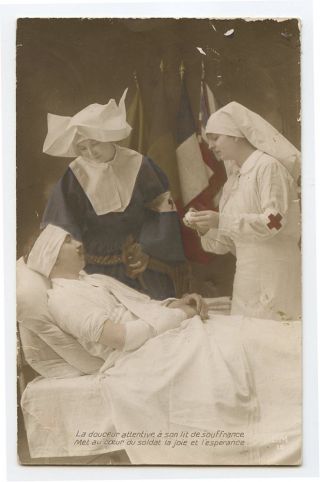 Wwi Ww1 First World War One 1 Red Cross Nun Nurse Wounded Soldier Photo Postcard