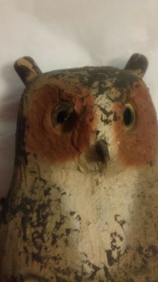 VINTAGE ANTIQUE FOLK ART HORNED OWL,  CARVED PAINTED DECOY FOR CROW HUNTING 11