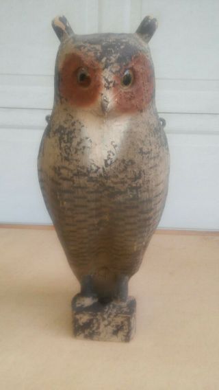 Vintage Antique Folk Art Horned Owl,  Carved Painted Decoy For Crow Hunting
