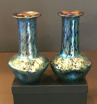 Antique Signed Loetz Candia Papillon Art Glass Vases Blue/green