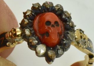 Museum Georgian Memento Mori/mourning Skull 18k Gold,  Diamonds,  Niello&coral Ring