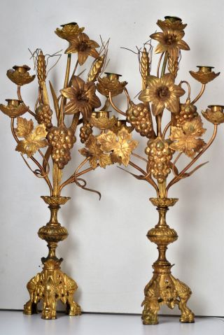 ⭐ Rare 2 Antique French Altar Chandeliers,  Tall Bronze Candle Holders,  19 Th C