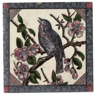 Decorative Art Tile Co - C1887 - Singing Finch On Wild Rose - Hand Painted Tile