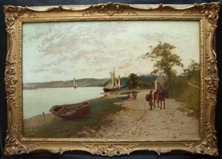 Large 19th Century Fishermen " The End Of The Day " Signed Antique Oil Painting