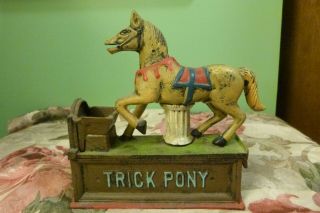 Vintage Trick Pony Cast Iron Mechanical Coin Bank - As Should - Good Cond