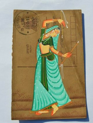 An Old Rajasthan Miniature Painted Indian Postcard Of A Indian Woman No 00010