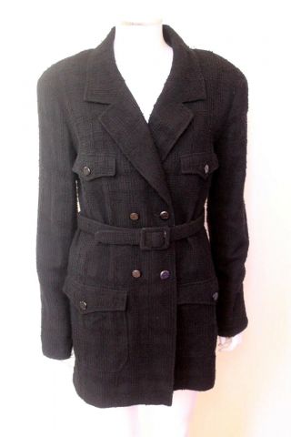 Chanel Vintage Black Boucle Coat Jacket F 42 Uk 14