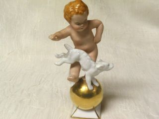 Gerold Porzellan Bavaria Cherub Putti Boy With Dog On Gold Ball Figurine