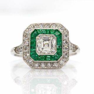 Art Deco Style Platinum Diamonds And Emeralds Engagement Ring