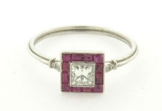 Art Deco.  33 Princess Cut Diamond Rubies Platinum Ring