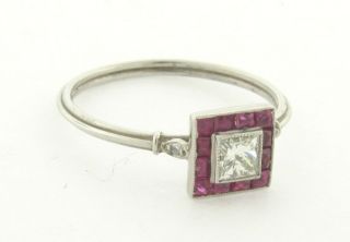 Art Deco.  33 Princess Cut Diamond Rubies Platinum Ring 2