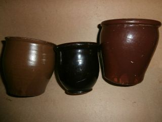 3 Small Antique Stoneware Redware Brown Glazed Crocks