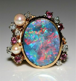 Fabulous Vintage 14k Gold Black Opal Rubies,  Diamonds & Pearls Ring,  Size 6.  5