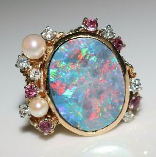 Fabulous Vintage 14k Gold Black Opal Rubies,  Diamonds & Pearls Ring,  Size 6.  5 2